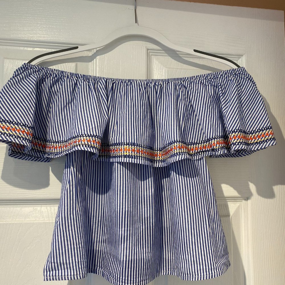 Blue & White Stripped Off-the-Shoulder Top, Size S